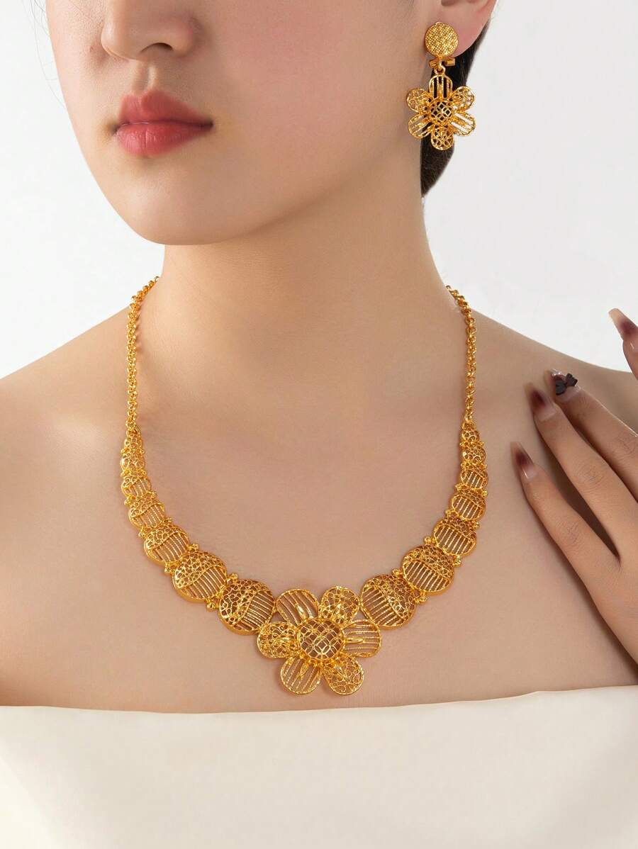 3pcs/Set 24K Gold Dubai Style Women's Fashion Jewelry, Saudi Arabia Star & Moon Necklace Set
