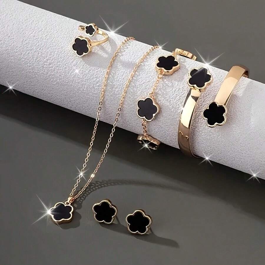 Set de 6 piezas de joyería para mujer con trébol de cuatro hojas de la suerte: Collar + Aretes + Anillo + Pulsera + Brazalete, diseño minimalista y elegante de aleación, para cumpleaños, Navidad, celebraciones y accesorios de moda