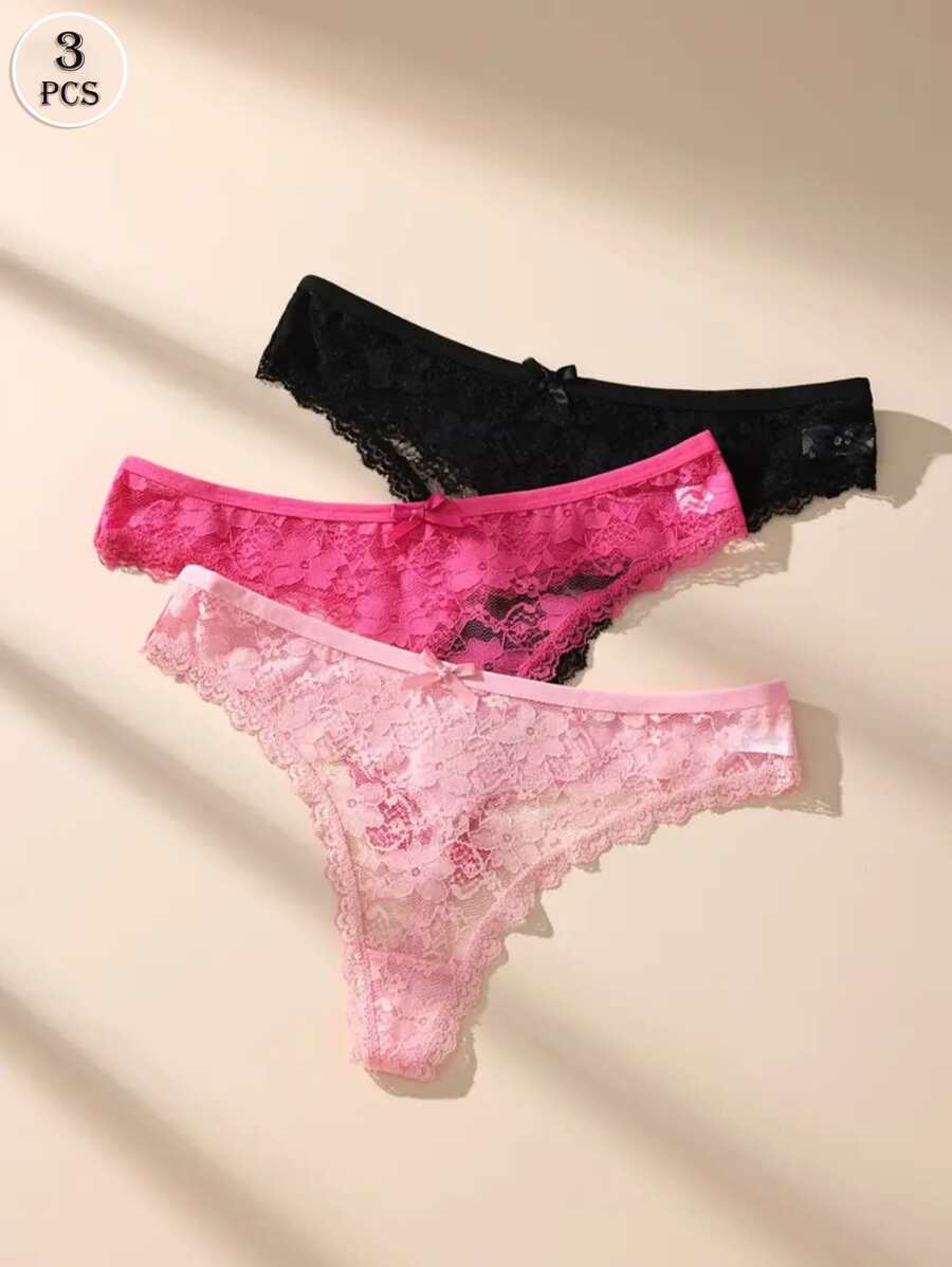 3pcs/Set Women Solid Color Sexy Lace G-String, Breathable Stretchy V-Shape Strappy Comfortable Fitted Panties
