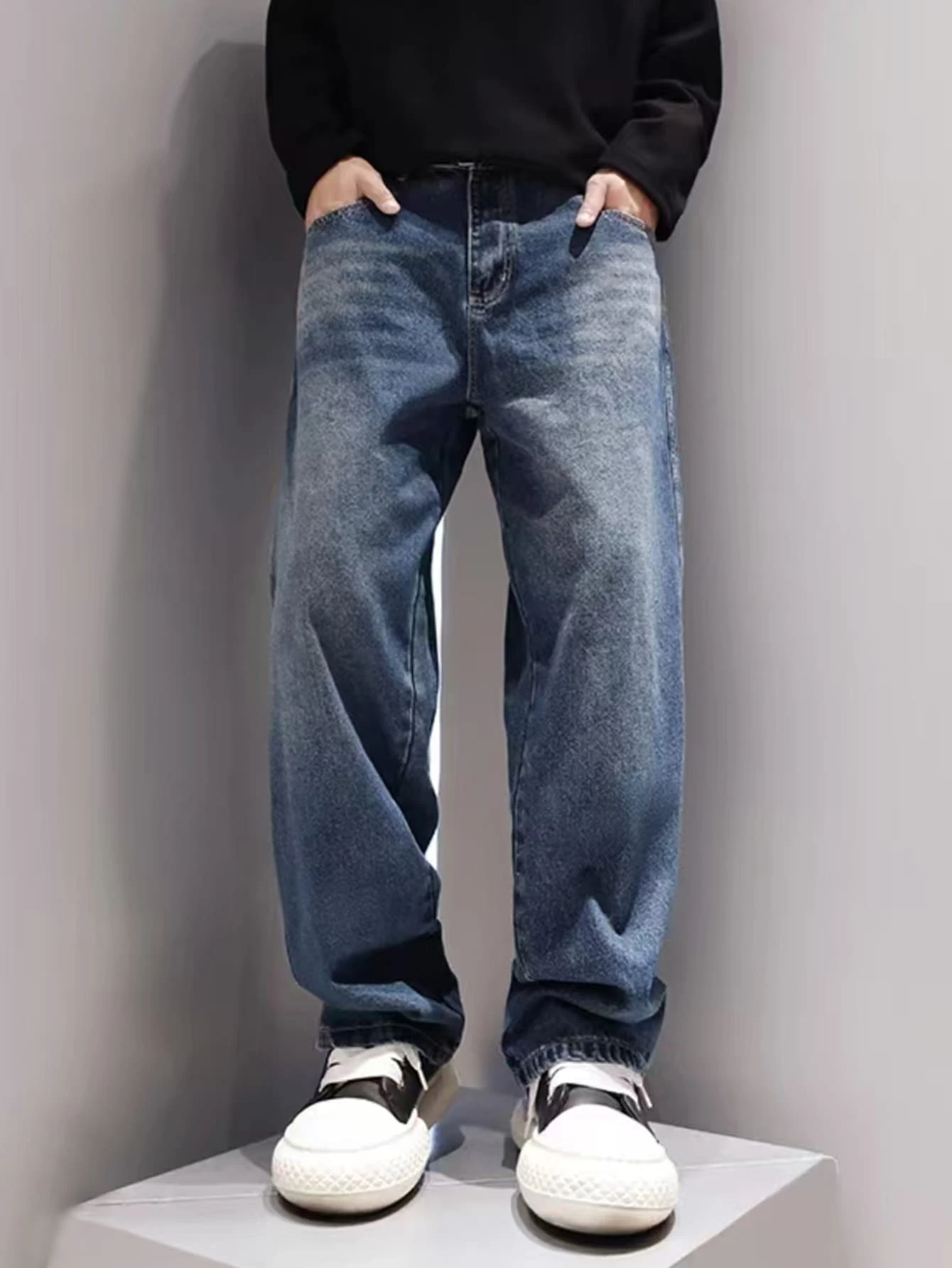 Jeans casual droits amples lavés pour adolescents, printemps/automne