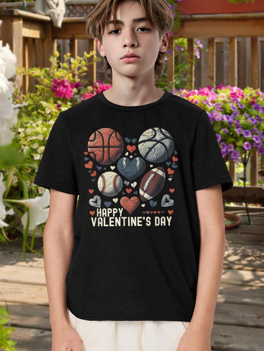 Valentine's Day Kids' Sports T-Shirt - Cute Heart Baseball Basketball Football Design - Soft Cotton Tee For Boys Girls - Holiday Gift Everyday Wear - Black Youth Tee - Teen Tween Sizes