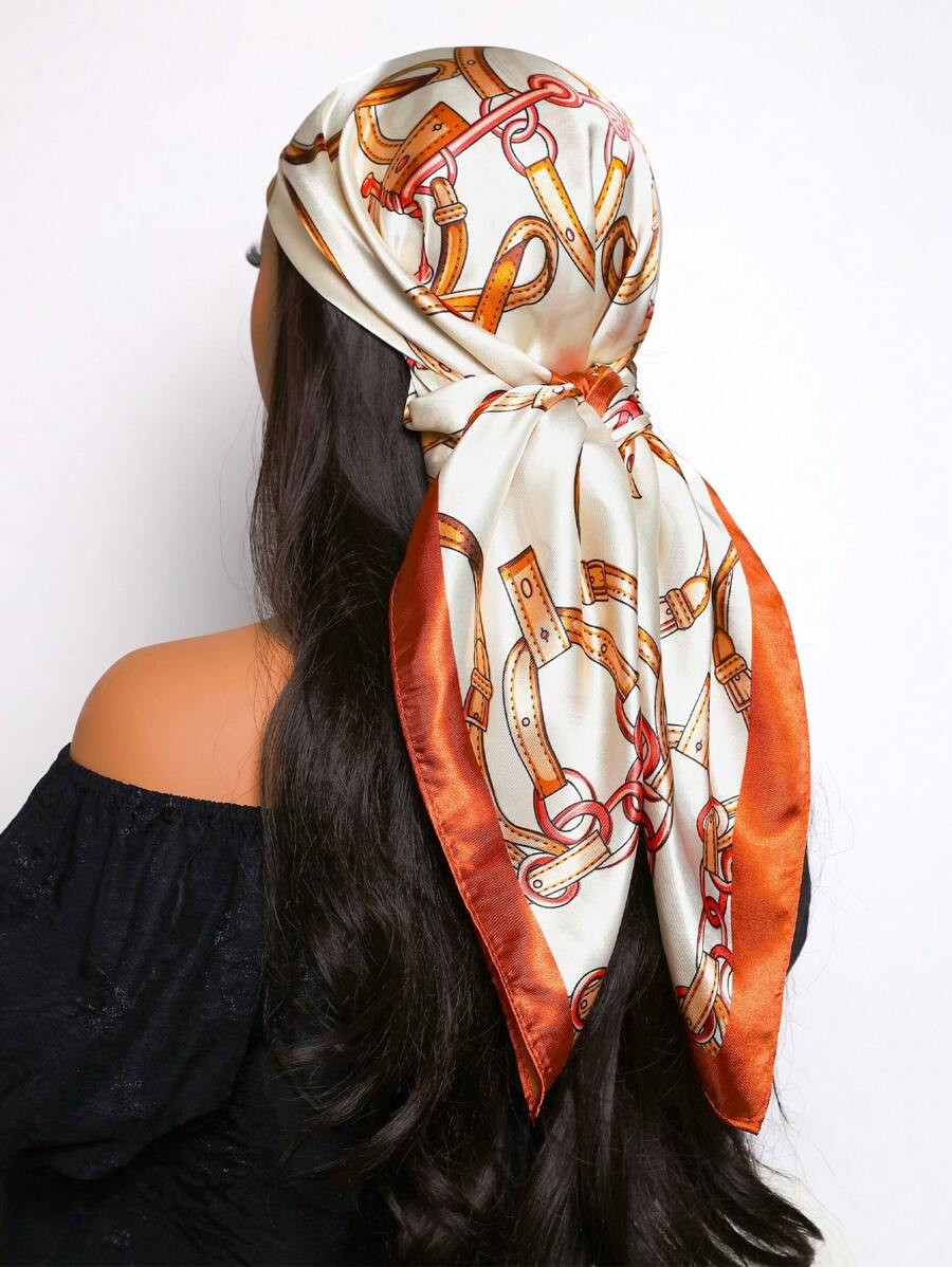 1pc Women Elegant Vintage Chain Pattern 90cm Square Scarf, Versatile Bandana Suitable For Casual And Street Style Outfit, Can Be Used As Scarf, Headband, Head Wrap