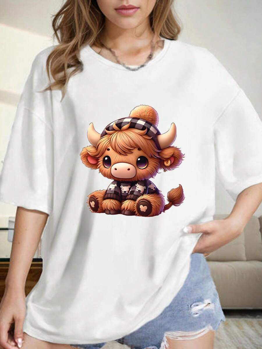 Cute Highland Cow Print, Comfortable Tee For Everyday Wear