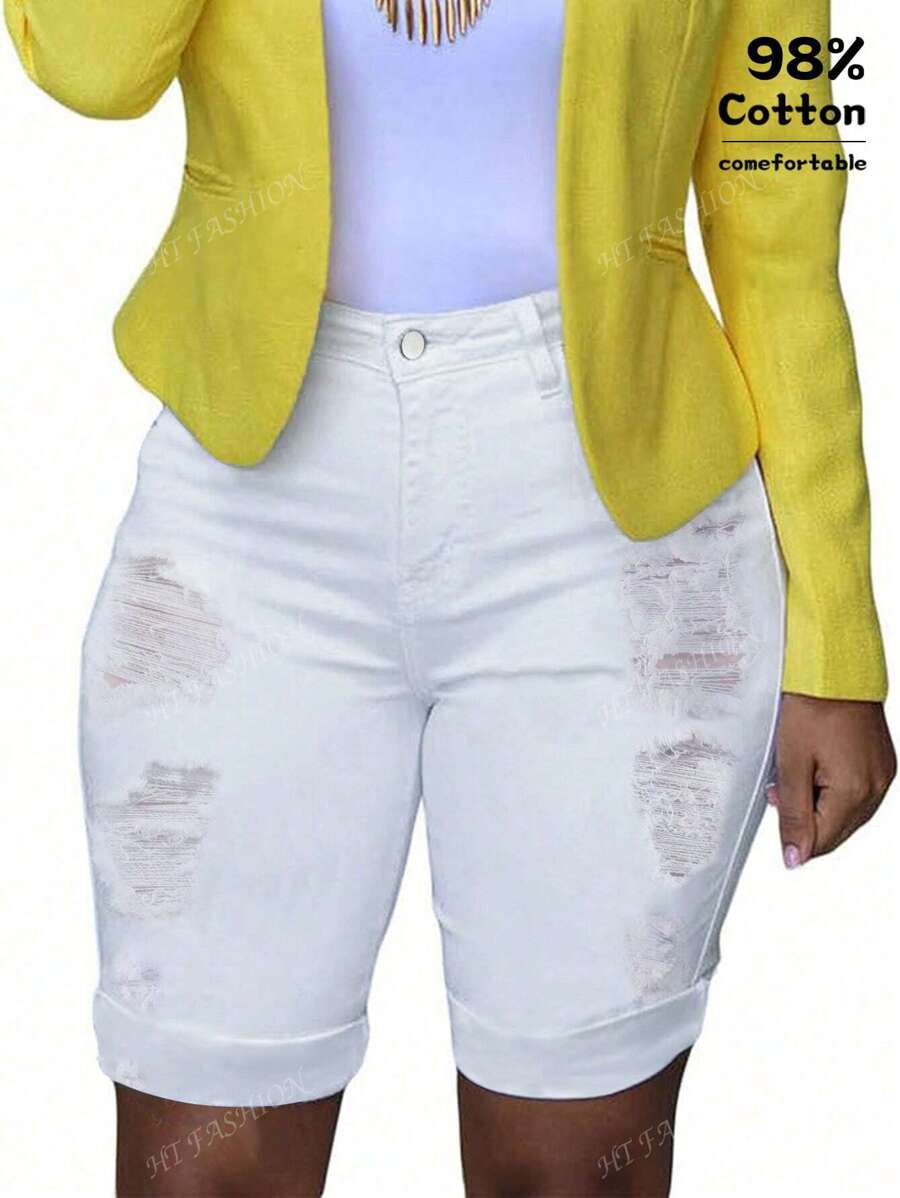 Pantalones cortos vaqueros de ajuste delgado con dobladillo enrollado y efecto desgastado, para primavera/verano