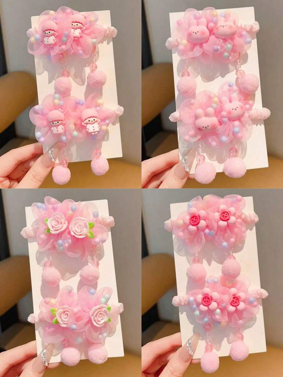 2pcs Kids Cute Floral Cartoon Hair Scrunchies, Flower Tulle Hair Ties For Girls, No Card Package