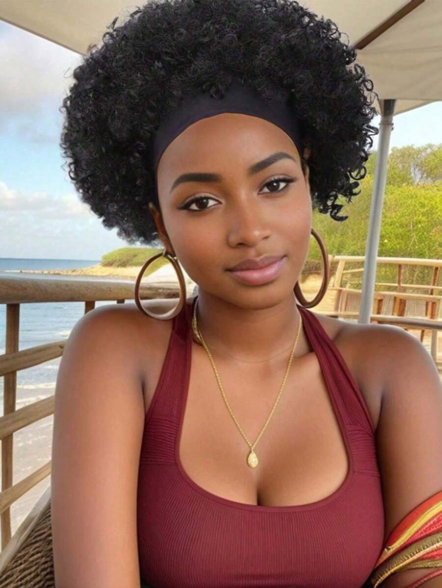 Parrucca con fascia nera con frangia per capelli afro corti sintetici, parrucca con fasce a righe bianche e nere, parrucca nera naturale con fascia attaccata, parrucche riccio crespo di 4 pollici