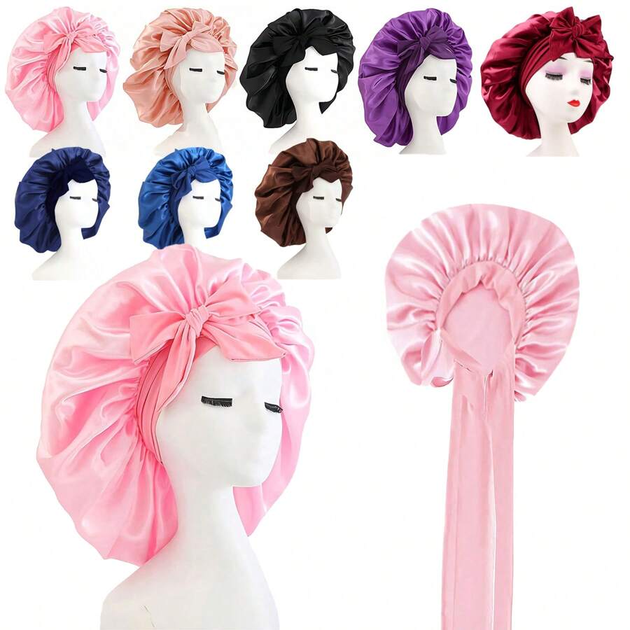 Silky Satin Sleep Bonnet For Women With Adjustable Bow Ties - Luxurious Hair Protection Cap For Curly/Natural Hair, Multi-Color Options, Soft Nighttime Hair Care Essential,Bonnet,Shower Cap,Hair Products And Accessories For Barber Salon Beauty Travel Essentials
