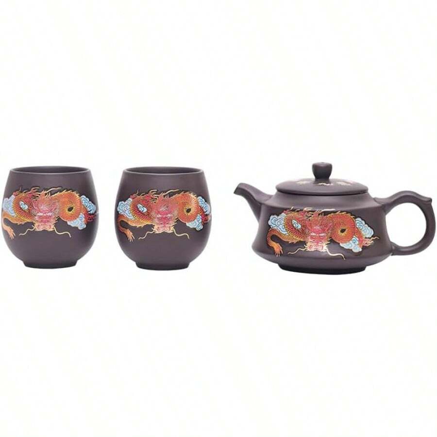 Purple Clay Teapot Golden Dragon Totem High Temperature Color Change Dragon Phoenix Chengxiang Purple Clay Tea Teapot Kung Fu Tea Festival Tea Set (Teapot +2* Teacups)
