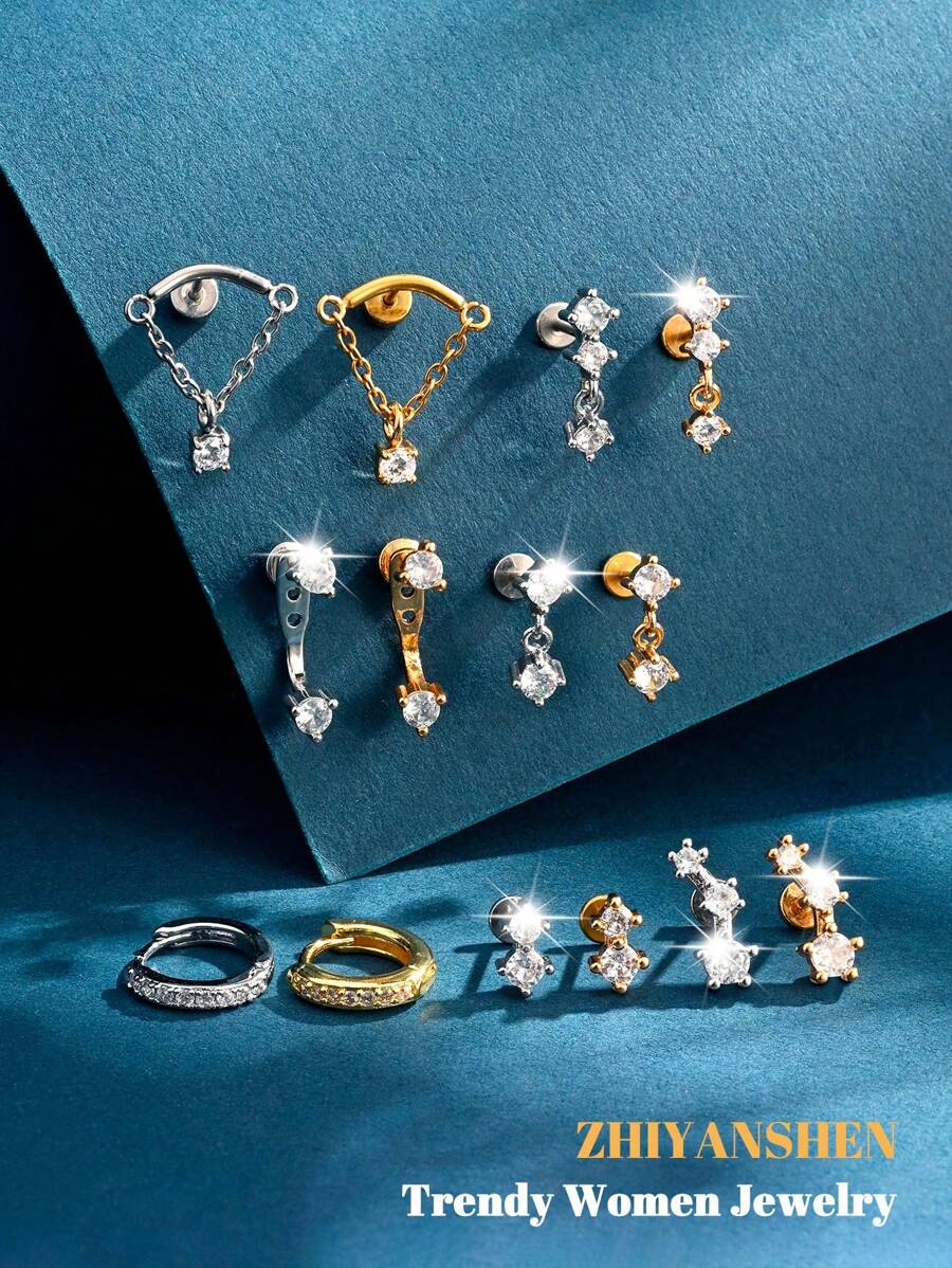 4 piezas Pendientes de cartílago para mujer de plata y oro, pendientes planos para tragus, helix, joyería para perforaciones, hipoalergénicos, pendientes apilables, pendientes de botón de oro para mujeres, pendientes para mujeres, pendientes de espalda plana, pendientes para el segundo orificio para mujeres