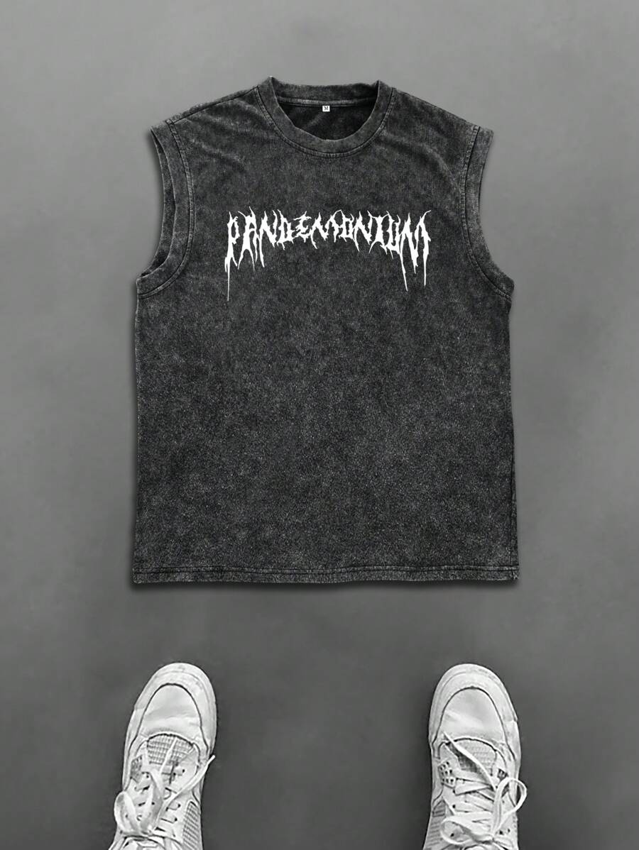 Regata Masculina com Estampa de Letras Lavada, Minimalista e na Moda, Adequada para o Verão