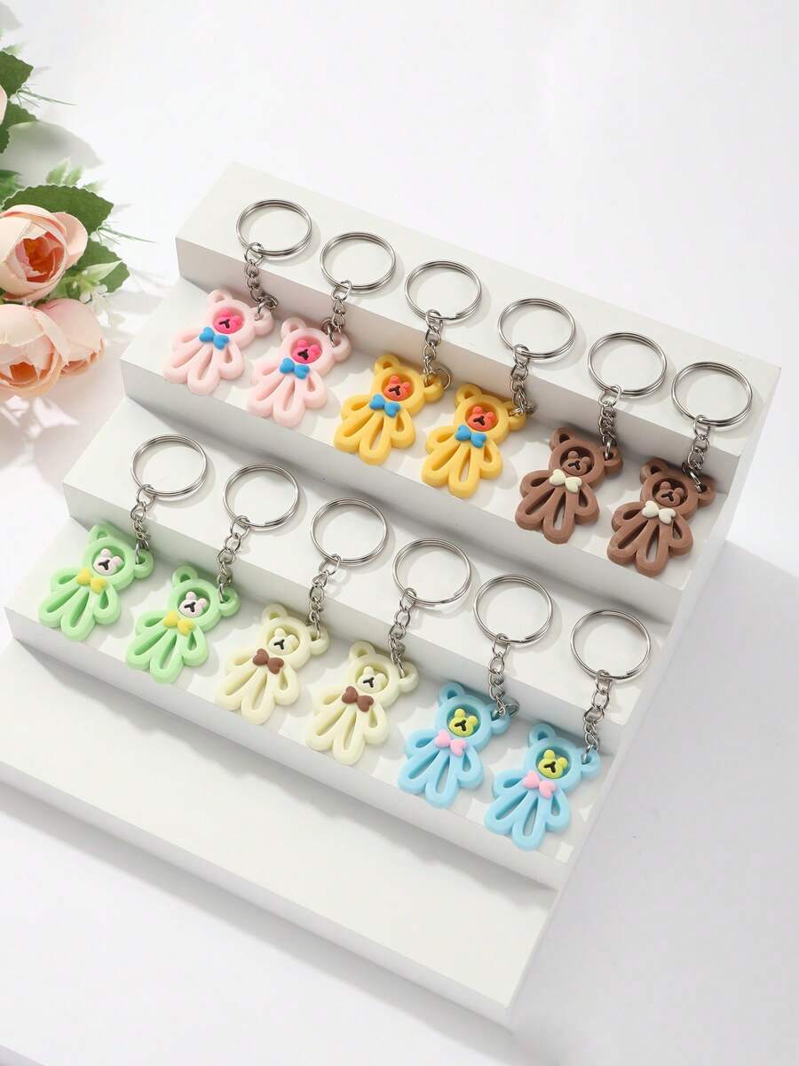 Set de 12 llaveros de PVC con diseño hueco de oso, llavero lindo para coche y mochila, pequeño regalo de plástico de PVC bohemio