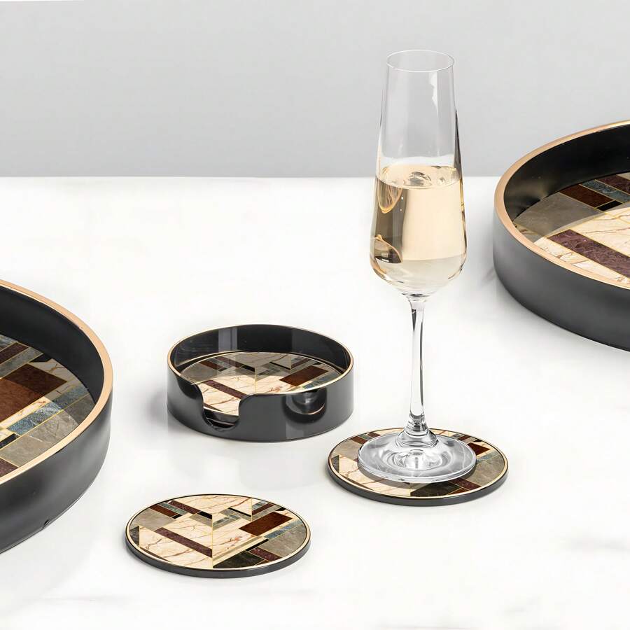 Classic Stone Pattern Coaster Set, Luxury Golden Plating Coaster Set, Premium B Series
