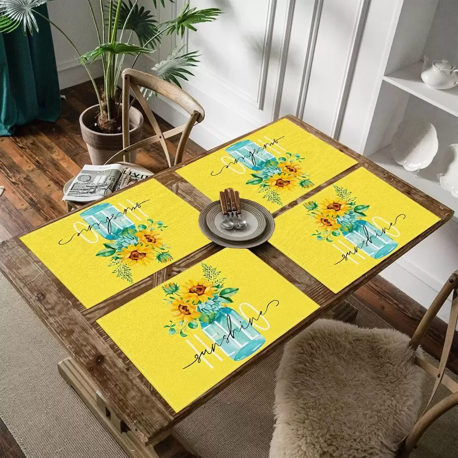 1/4/6pcs Sunflower Vase Summer Placemats, Sunflower & Vase Series Checkered Pattern Printed Polyester Linen Placemats, Table Mats, Hot Pads, Kitchen Decor, Western Dining Table Mats