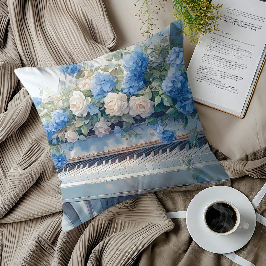 1pc Flower Piano Decorative Pillow Cover, Soft Peach Velvet Material, Single-Sided Printing 45*45CM, Suitable For Living Room, Bedroom, Sofa, Home, Gift