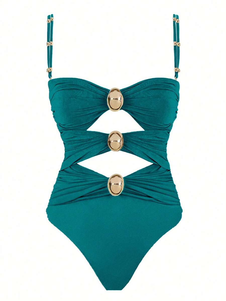 Polovedo Official Women's Hollow Out Metal Decor One-Piece Swimsuit