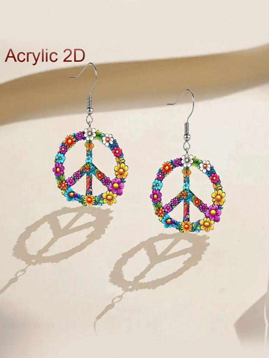 1 Coppia di orecchini a cerchio pendenti rotondi in acrilico con motivi floreali, accessori multicolore adatti per tutte le stagioni per le donne