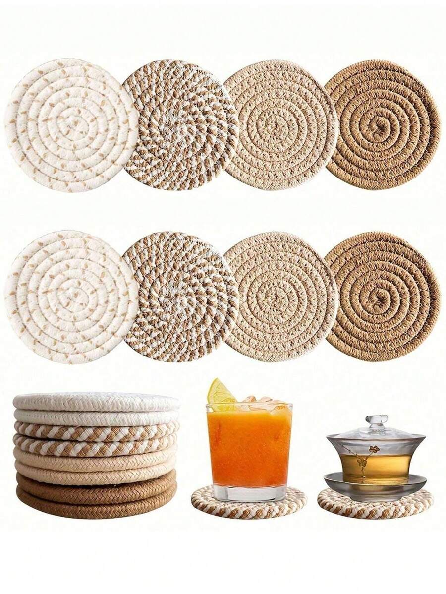 Juego de 4/8 posavasos tejidos, individuales redondos tejidos, manteles aislantes, posavasos hechos a mano con bandeja, juego de posavasos absorbentes, estilo bohemio (sin estante), manteles aislantes, salvamanteles para el hogar resistentes al escalado