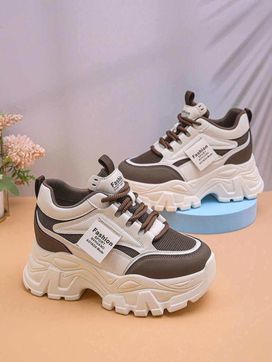 2025 Spring Women's Hidden Heel Chunky Sneakers, Lace-Up Breathable Mesh Casual Platform Shoes For Petite