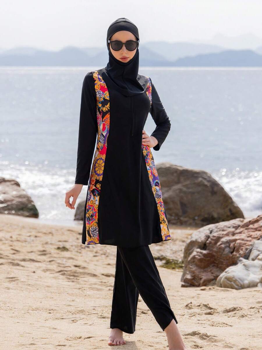 Conjunto de traje de baño modesto con capucha de 3 piezas (manga larga y pantalones) estilo medio oriental, traje de baño para mujeres para el verano