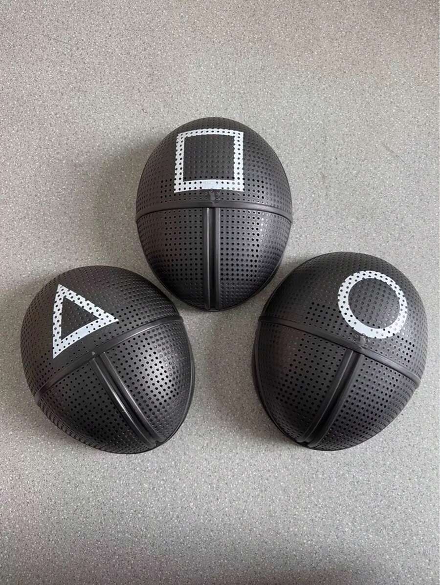 Set de 3 máscaras de malla negra con diseños de círculo, cuadrado y triángulo, estilo de juego de supervivencia de dibujos animados, adecuadas para juegos de roles, fiestas y eventos, para damas y caballeros
