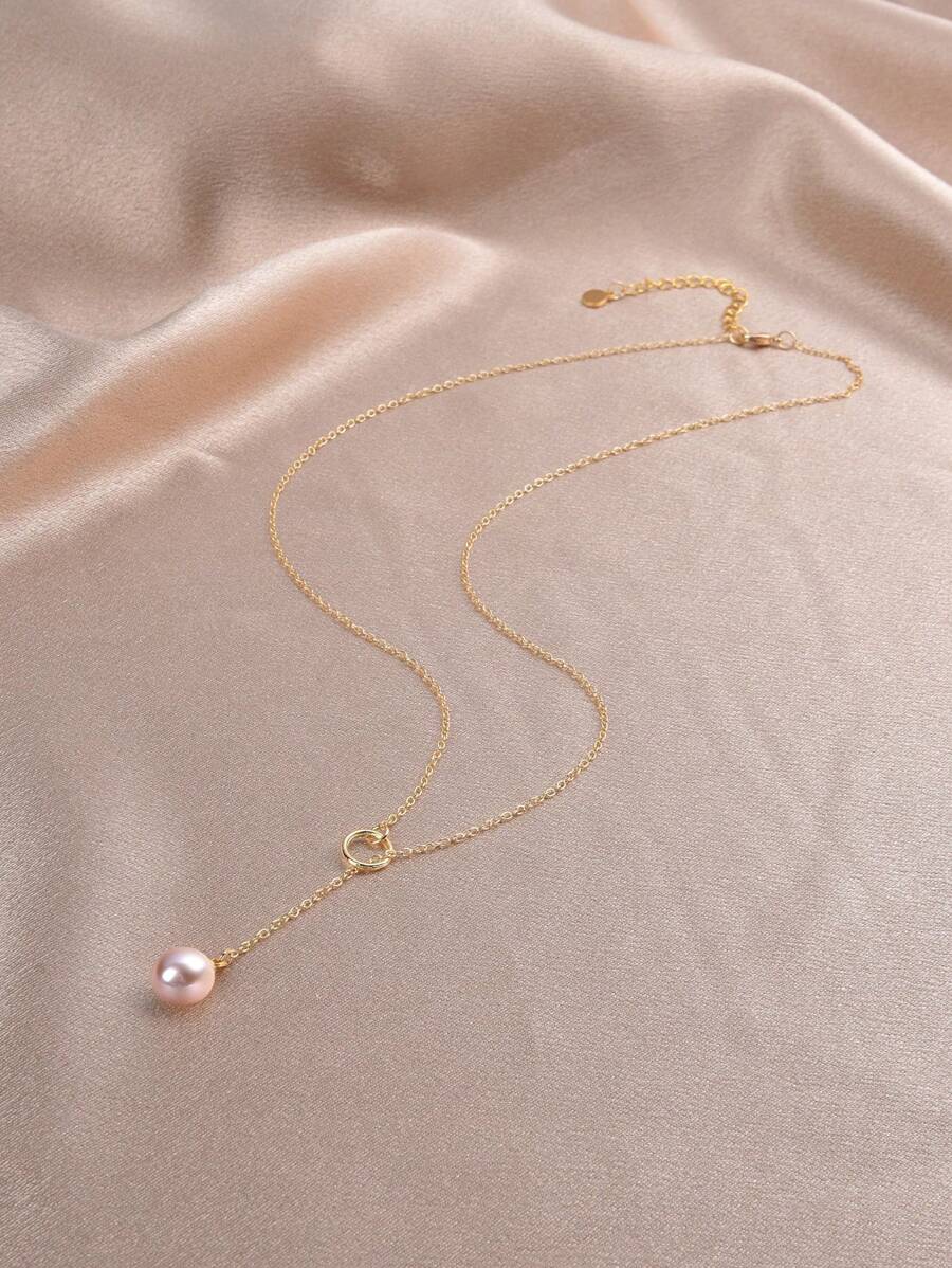 1 pieza Collar con perla natural bañado en oro de 18K para mujer, diseño tipo Y para primavera/verano