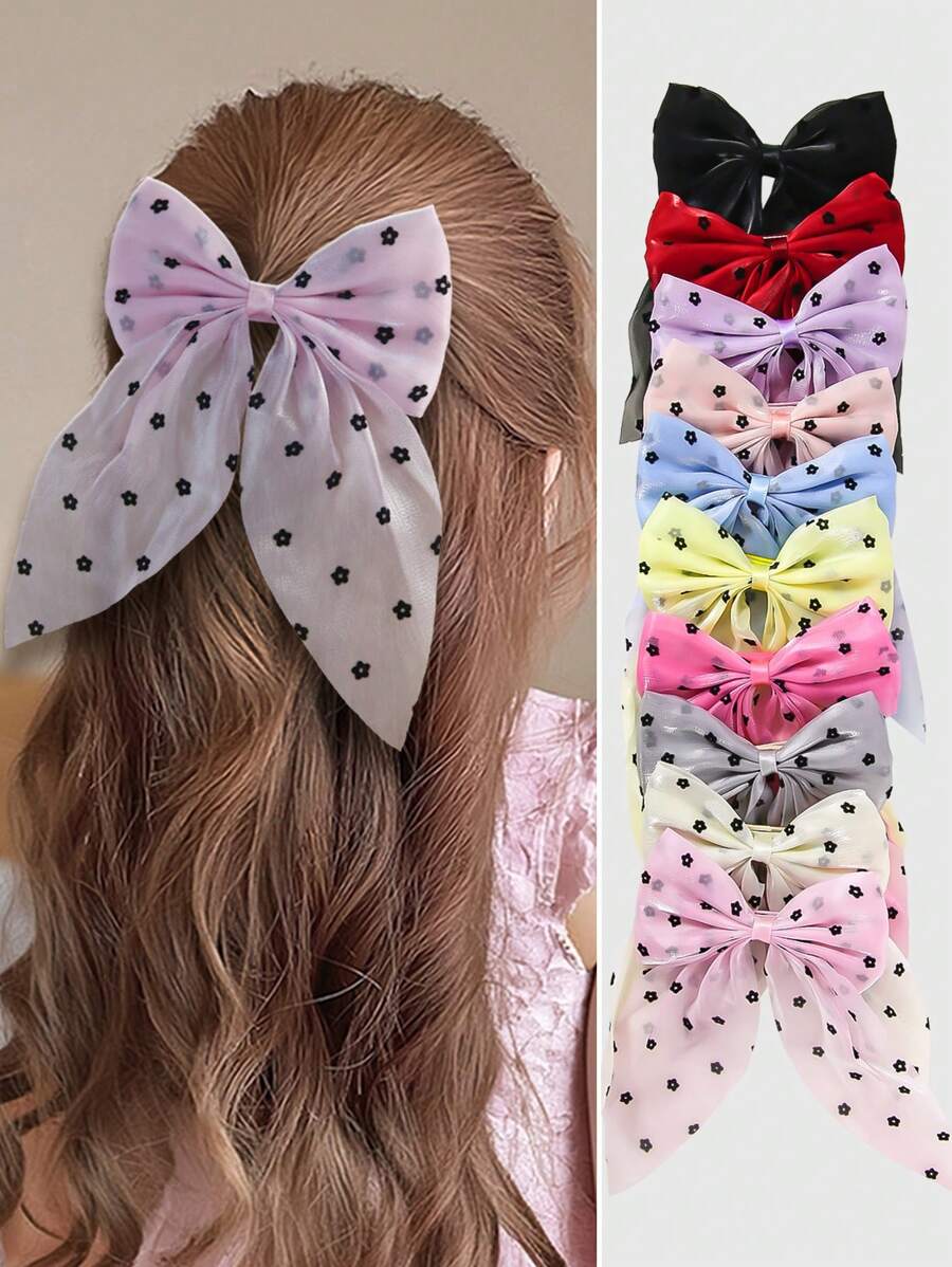 10 piezas/paquete Pinzas para el cabello con lazo de gasa a lunares de colores para niñas pequeñas, accesorios para el cabello para uso diario