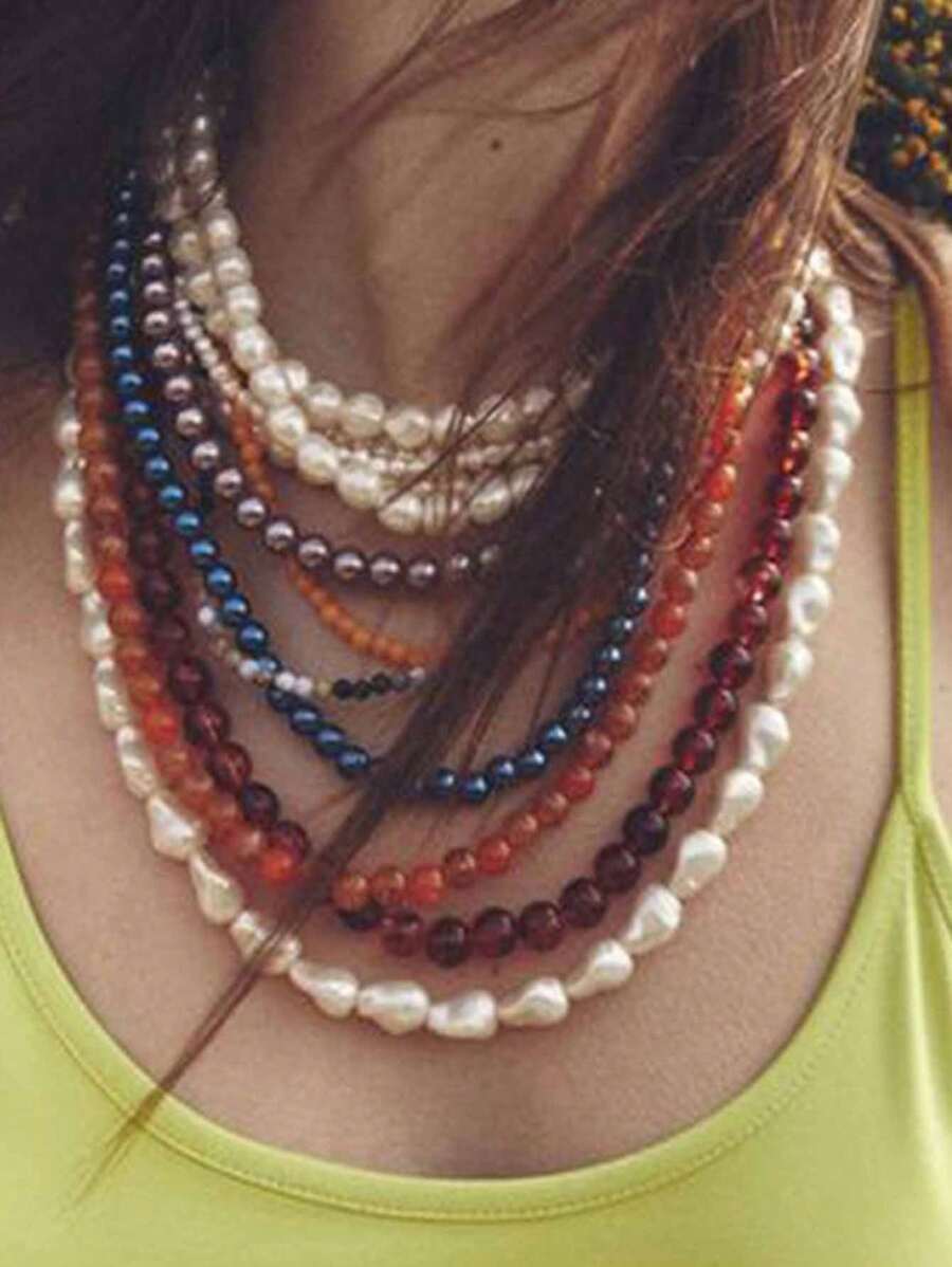 1pc Bohemian Multi-Layer Beaded Exaggerated Faux Pearl Women Necklace