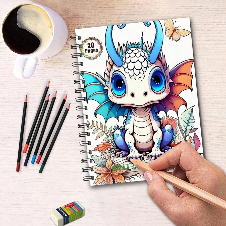 1 pieza, tamaño A4, papel talla grande grueso, impresión a una cara, encuadernado en espiral, libro de dibujo con patrón de dragón de dibujos animados, para que los adultos pasen el tiempo