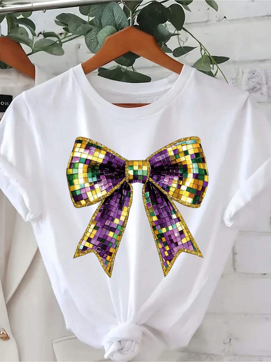 Women's Mardi Gras Sequin Bow Graphic T-Shirt Vibrant Purple & Yellow, Short Sleeve Crew Neck,Machine Washable 100% Cotton