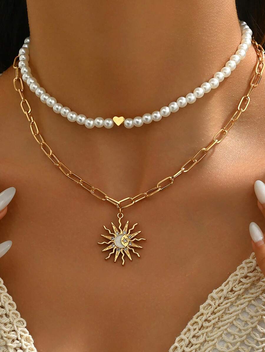 2pcs Bohemian Style Multi-Layer Pearl Heart & Sun Pendant Beaded Necklace, Suitable For Women Beach Vacation Wear