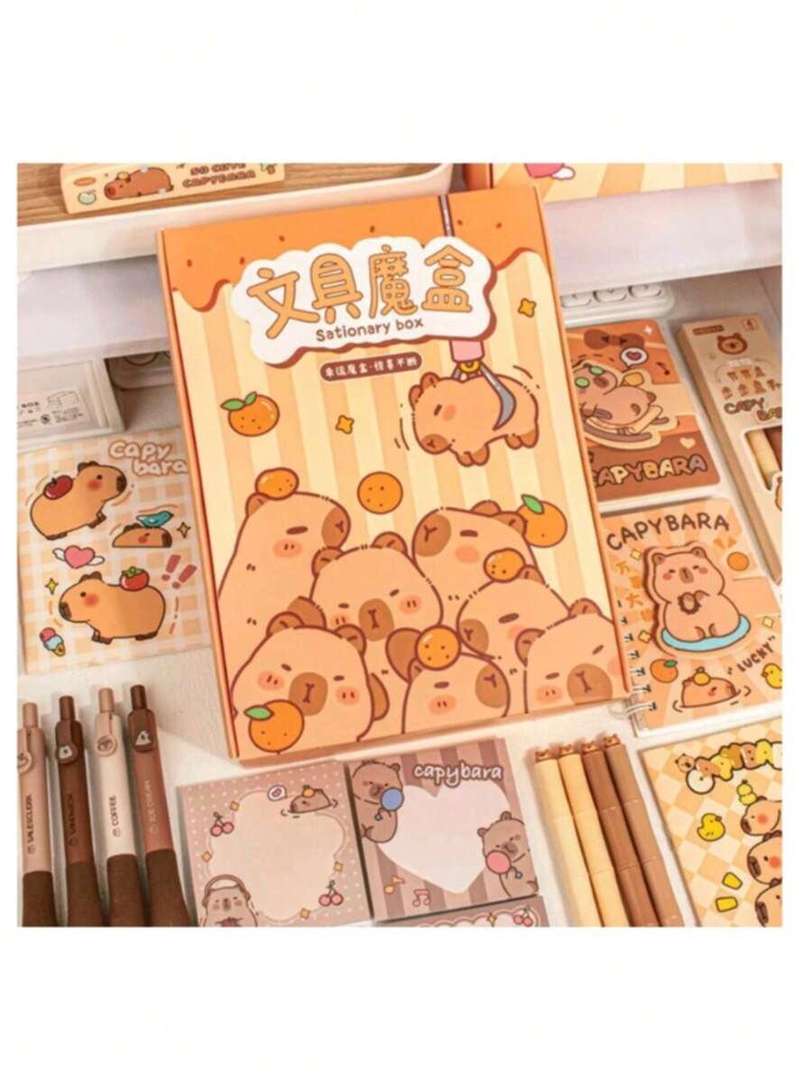 1 caja (8-10 piezas/caja) Bolsas ciegas de papelería de Capybara, cajas ciegas de sorpresa de Muskrat, set de regalo navideño lindo, cajas de sorpresa escolares, del hogar y de fiesta, pequeños regalos de regreso a la escuela (el peso de la caja ciega varía). Incluye libretas, borradores, bolígrafos de dibujos animados, pegatinas, blocs de notas, notas adhesivas, barras de pegamento de dibujos animados, reglas y otros artículos de papelería (los patrones de empaque se distribuyen al azar) (algunos colores y estilos de accesorios se distribuyen al azar)