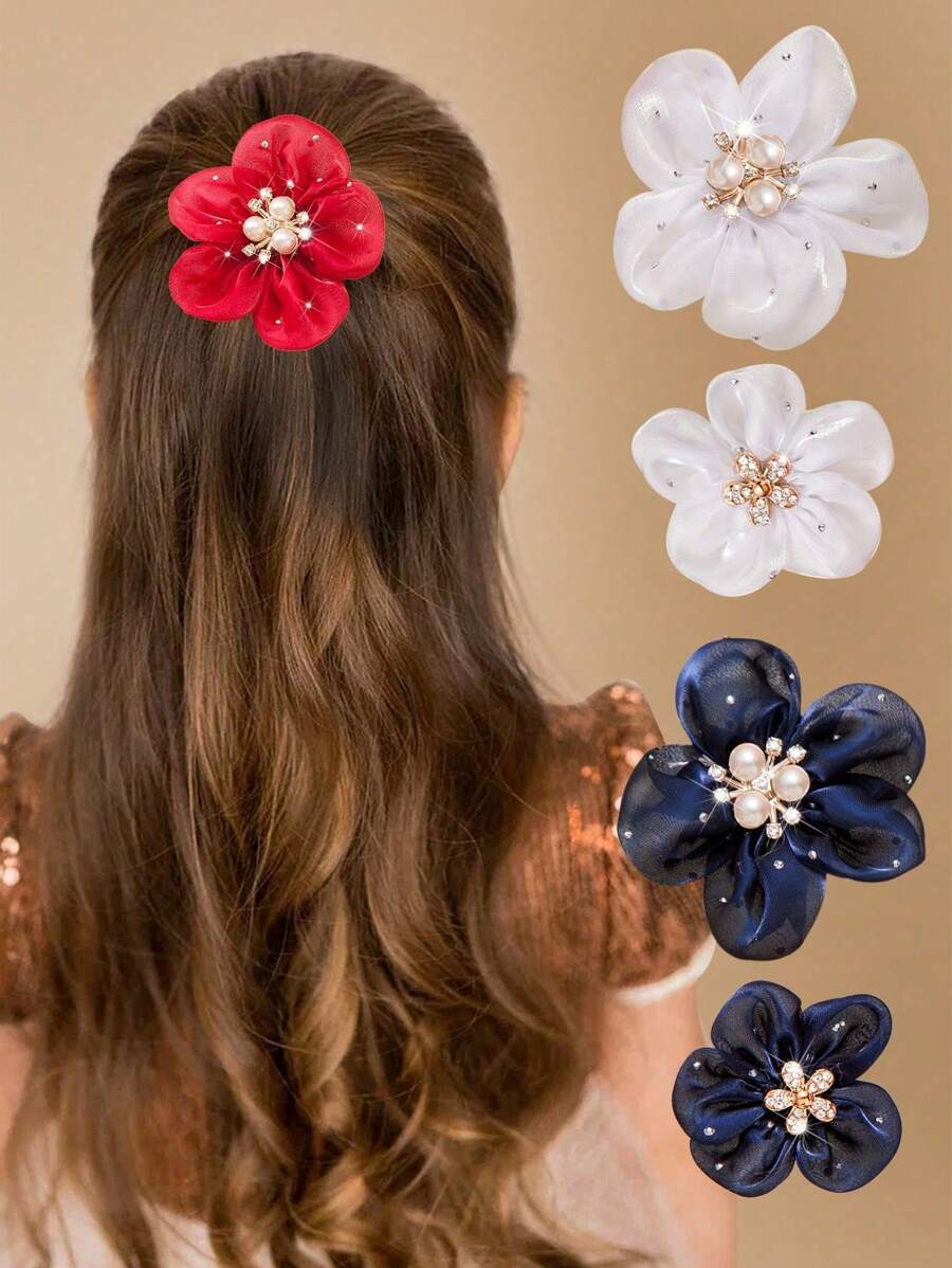 6 stuks/set meisjes kleurrijke camelia strass & parel haarspeldjes, schattige & modieuze studenten stijl haaraccessoires, geschikt voor terug naar school