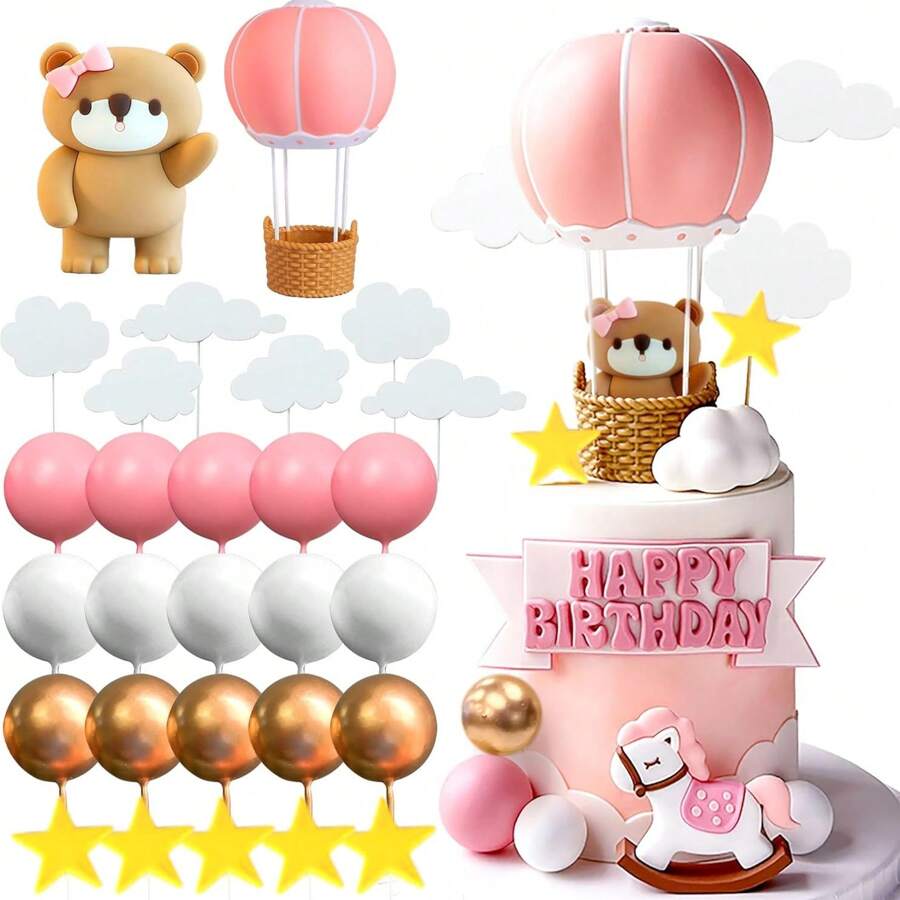 ROARING GOOD TIME RGT Bear Cake Decoration Gold Balls Cake Topper Hot Air Balloons Bears Cake Cake Decoration Birthday Cake Decoration