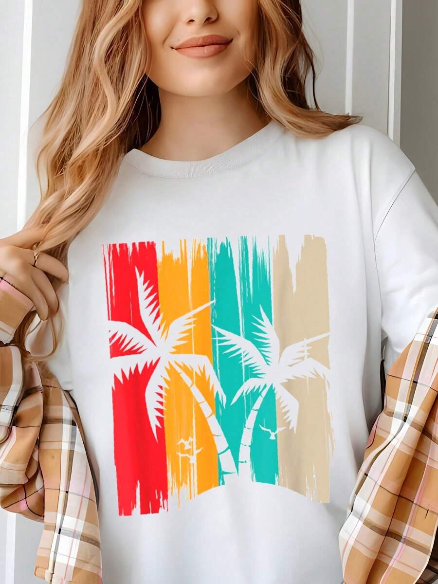 Coconut Palm Trees Summer Vacation Retro Tropical Summer T-Shirt - Lightweight & Breathable Spring & Summer Wear - Casual Short Sleeve 100% Cotton T-Shirt For Style And Comfort