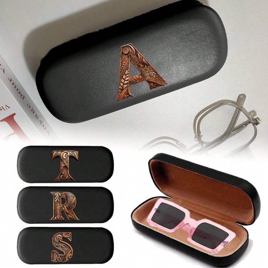 Portable Glasses Box Simple Hard Pu Leather Fashion Eyeglasses Storage Box Protector Outdoor Travel Sunglasses Organizer High Quality Eyeglass Case Sunglasses Myopia Glasses Storage Travel Accessories Initial Name 26 Letters Pattern