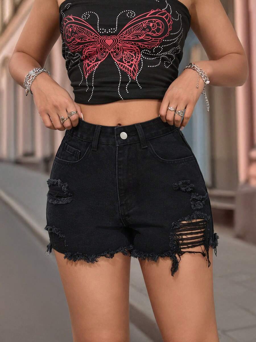 Shorts Denim Desgastados de Cintura Alta na Moda com Franjas