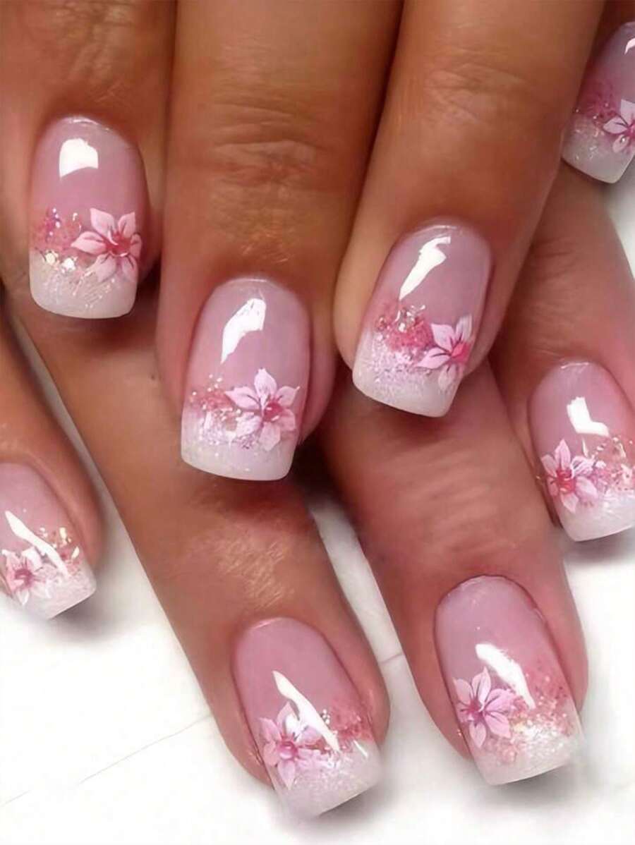 1 Box 24pcs Short Rectangle Middle-East Style Fashion Press-On Nails With Pink Flower Pattern And Glitter Trim, Suitable For Women Party, Festival Occasions And Daily Gathering, Includes 1 Nail File & 1 Jelly Gel Nail Decoration