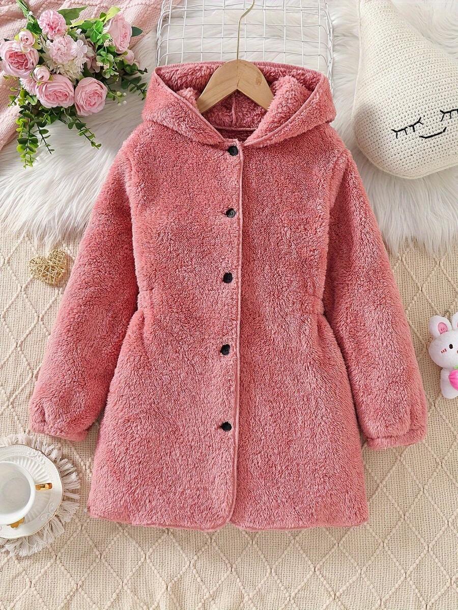 Girls Winter Plush Solid Color Hooded Button Waist Design Girls Jacket Coat.
