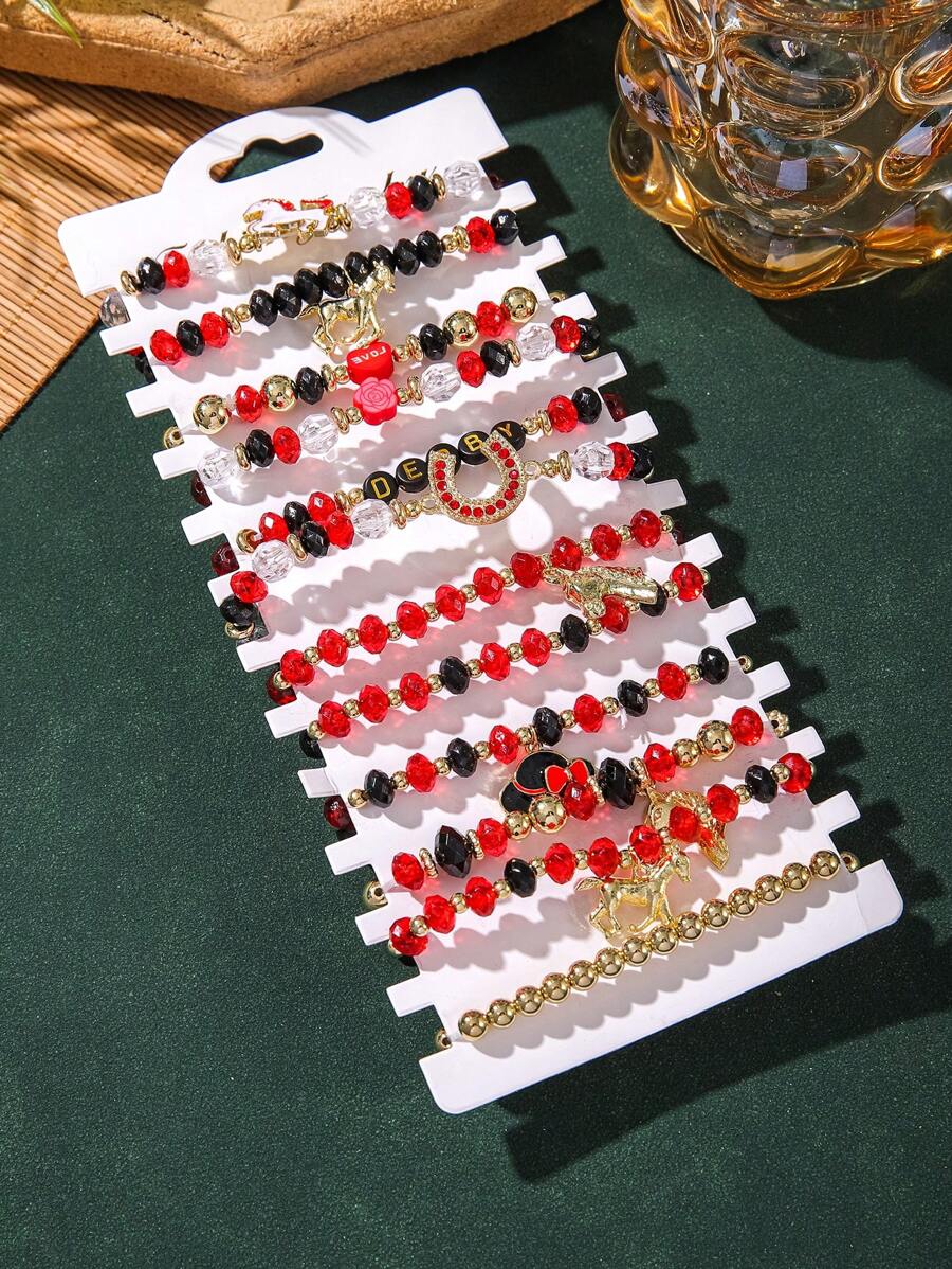12pcs Set Kentucky Race Horse Glass Bead & Unicorn Derby Horseshoe Elastic Bracelet For Women