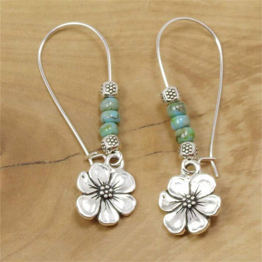 1 Pair Boho Style Vintage Blue Bead & Flower Dangle Earrings, Everyday Party Jewelry Gift