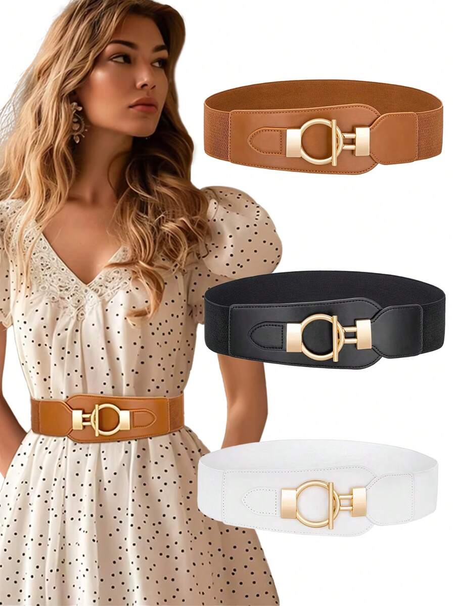 1 pieza Mujeres Cinturón con hebilla con letra O'T, borde ancho, elástico, PU, conjunto de vestido de moda, decoración elástica para la cintura, para mostrar el Body perfecto