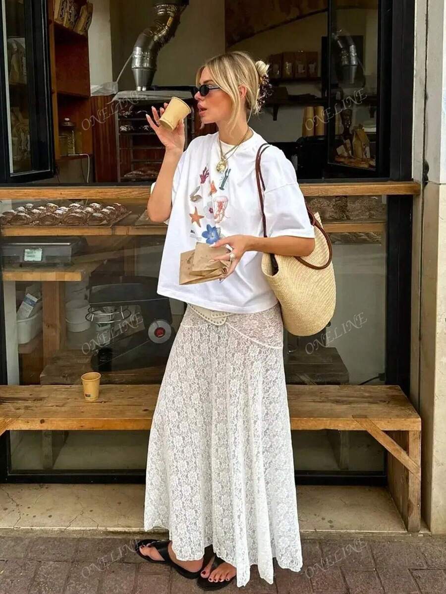 Camiseta de manga corta con cuello redondo, estilo casual y versátil de mujer para verano, con estampado de flores, langosta y vida marina, en estilo playero y callejero, de corte oversize