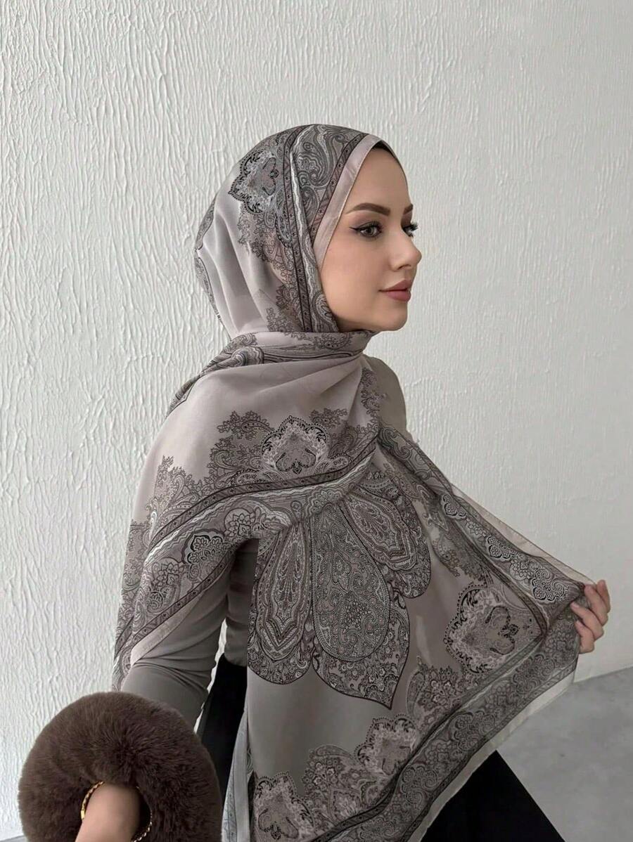 1 stuk Chiffon Hijab bedrukte sjaal, elegante en luxe retro kleur vrouwen hoofddoek sjaal Hijab Abaya accessoires vrouwen sluier