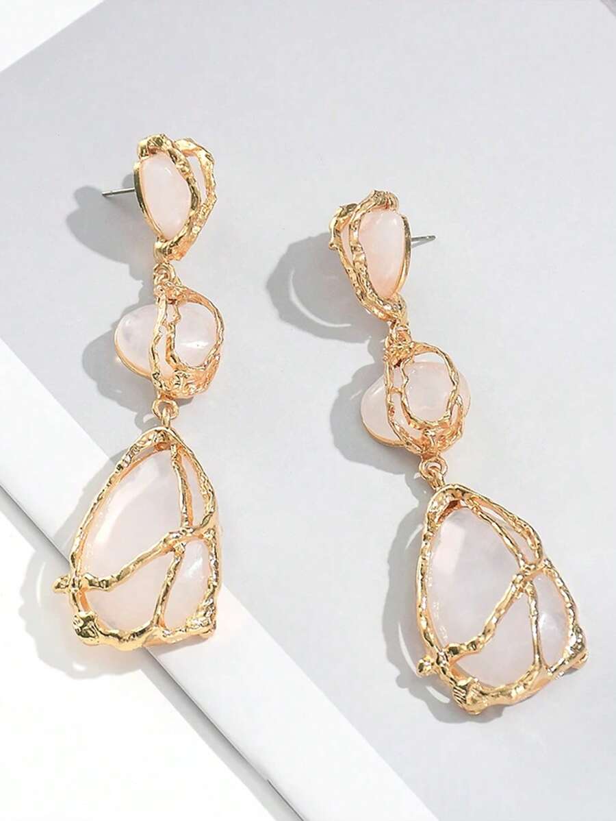 Nouveaux boucles d'oreilles à long pendentif en pierre de résine bohème pour femmes. Boucles d'oreilles en alliage de luxe léger au filet, boucles d'oreilles géométriques à goutte