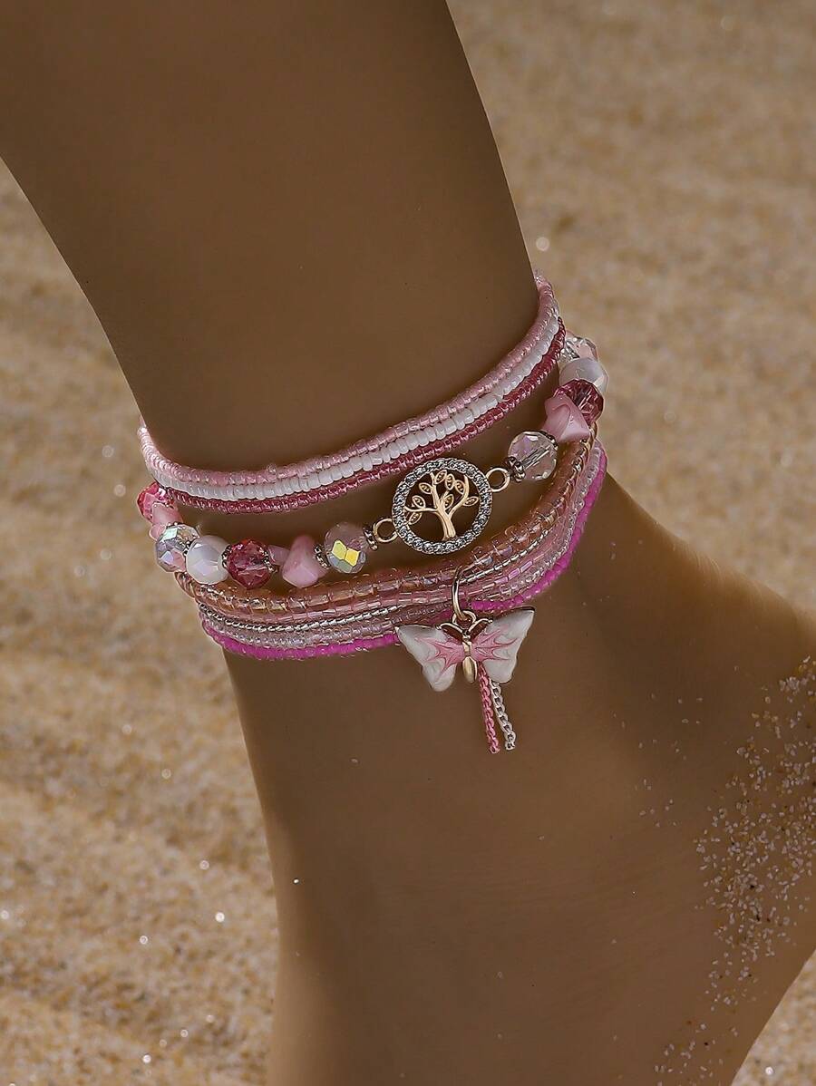5pcs Pink Elegant Versatile Fashion Graceful Luxury Handmade Beaded Crystal Life Tree Butterfly Anklets Set, Suitable For Women Gift, Party, Casual, Travel, Bar, Holiday, Daily Wear