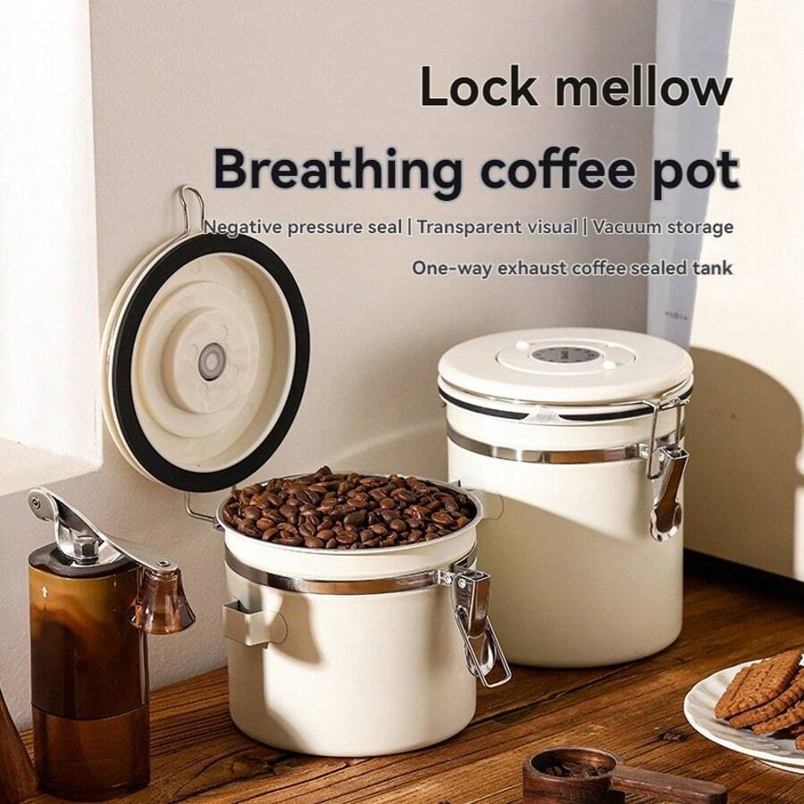 1pc Stainless Steel Sealed Can With Spoon, Coffee Bean Can, Round Portable Exhaust Fresh-Keeping Box, Tea And Milk Powder Can