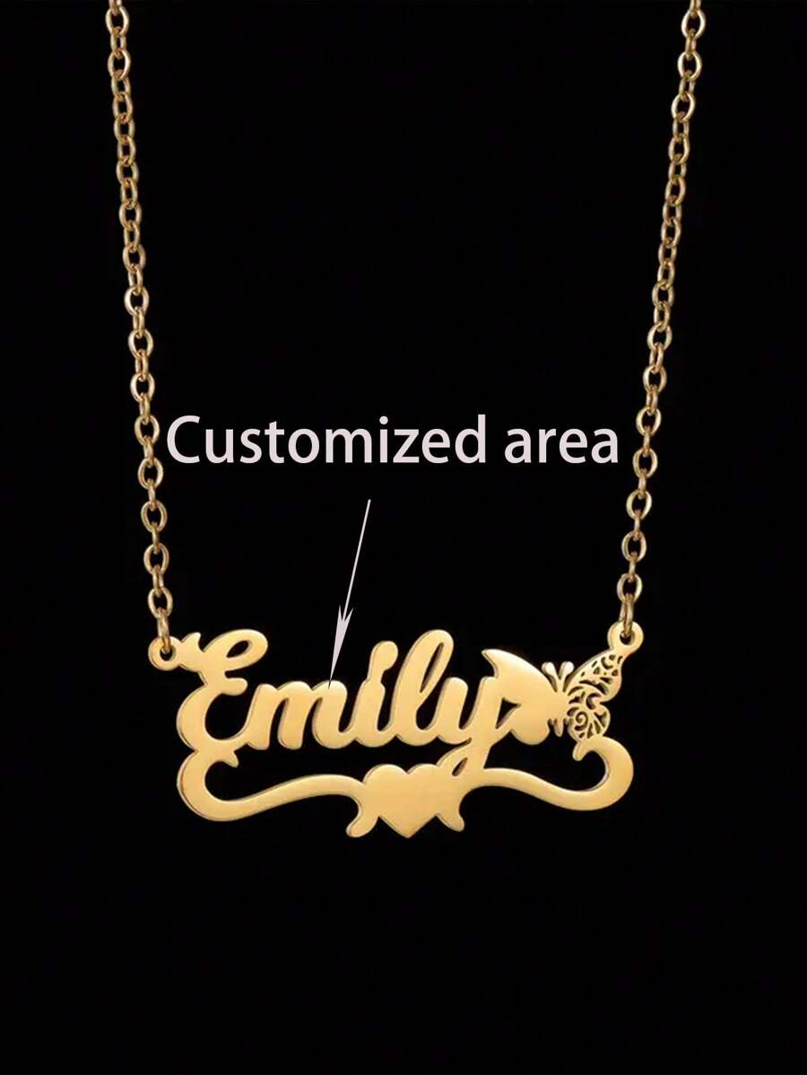 Customized Name Necklace, Heart-Shaped And Butterfly Pendant - Elegant Stainless Steel Collarbone Chain, Suitable For Birthdays And Anniversaries