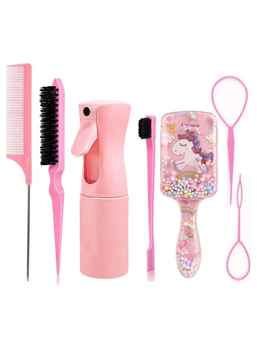 7-delige set haarstylingtools voor kinderen, inclusief haarclip met eenhoornontwerp, luchtkussenborstel, haarkam, verlengclip, verfborstel en haarsprayfles, draagbaar