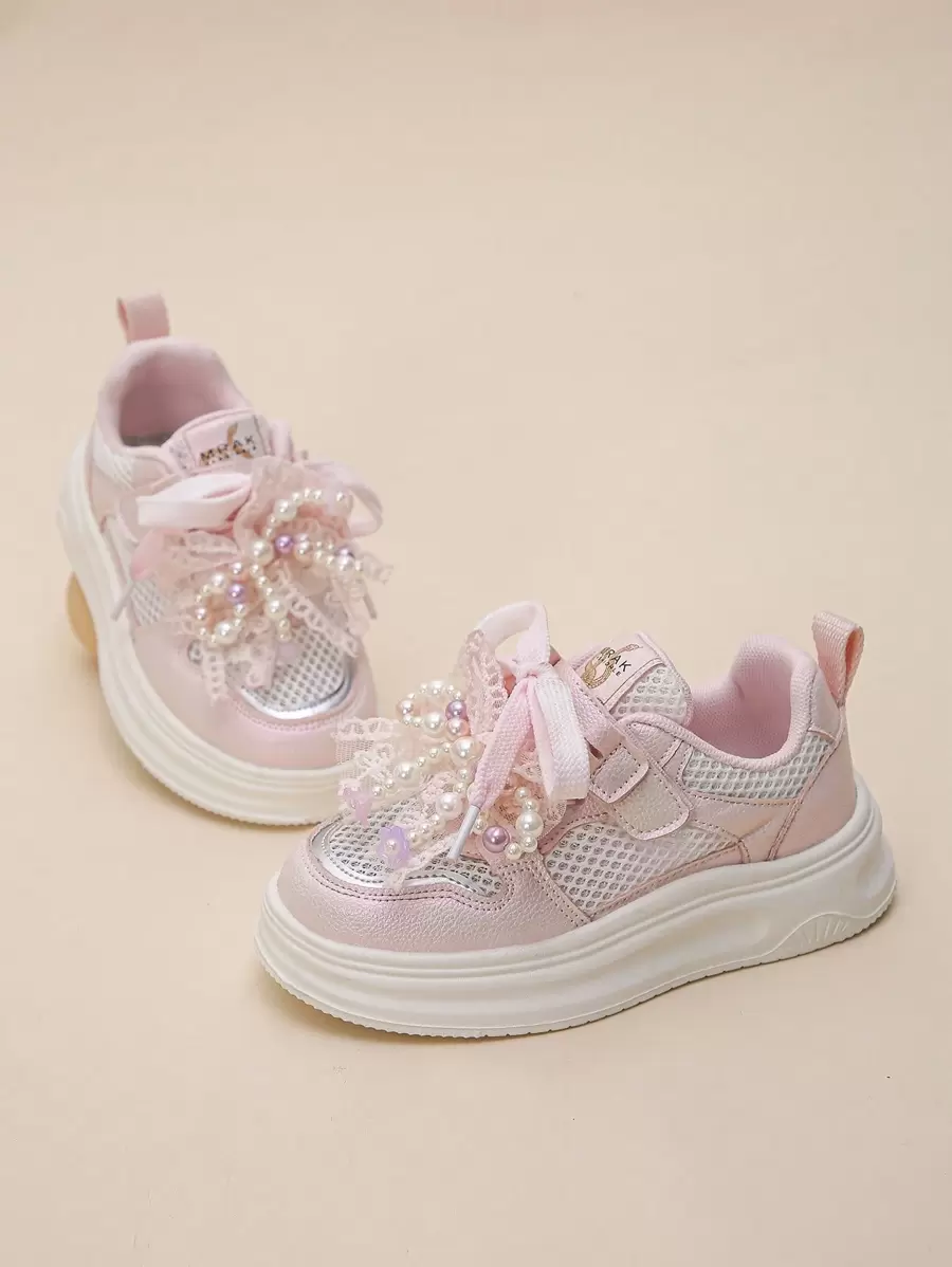 Girls' Spring Athletic Lace-Up Sneakers, Bowknot Rhinestone Decor, Kids Casual Running Shoes
