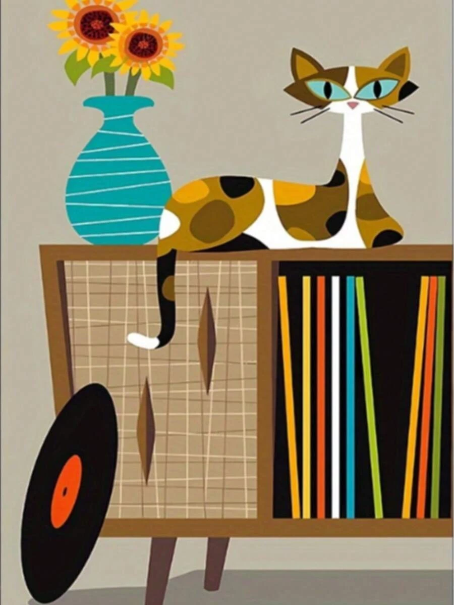 1 Set Of 20pcs 5D DIY Diamond Painting Kits, Imagination Printed Diamonds, Vintage Gramophone & Cat Design, Modern Decor For Living Room, Bedroom, Office - Perfect Gift For Cat & Music Lovers